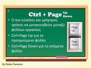 Ctrl + PageUpDown9Ο πιο εύκολος και γρήγορος τρόπος να μετακινηθείτε μεταξύ φύλλων εργασίας.Ctrl+Page Up για το προηγούμενο φύλλοCtrl+PageDown για το επόμενο φύλλοBy Stelios Tserkezis