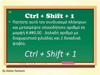 Ctrl + Shift + 112Πατήστε αυτό τον συνδυασμό πλήκτρων και μετατρέψτε οποιοδήποτε αριθμό σε μορφή #.##0,00 . Δηλαδή αριθμό με διαχωριστικό χιλιάδας και 2 δεκαδικά ψηφία. Ctrl + Shift + 1  By Stelios Tserkezis