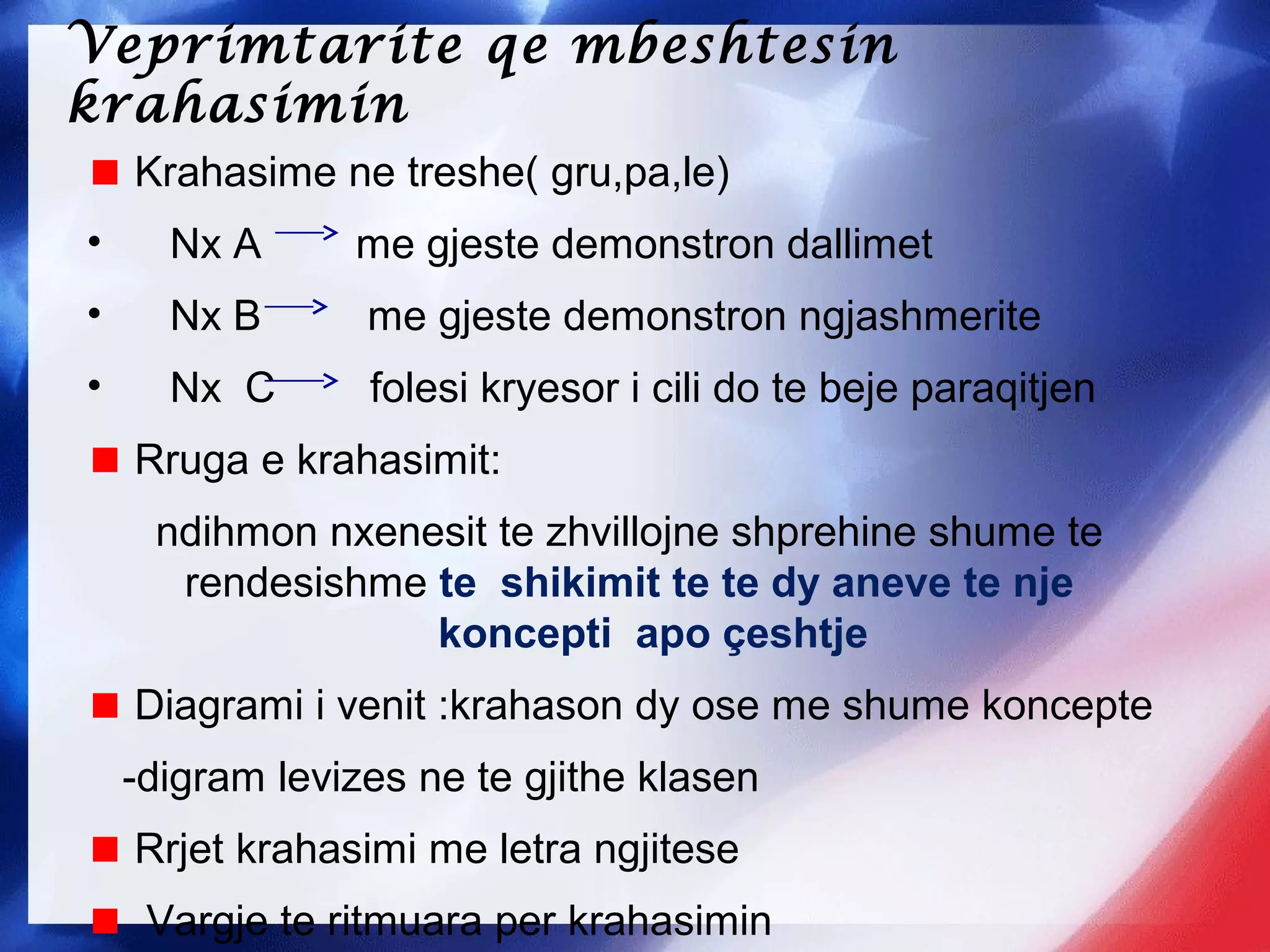Veprimtarite qe mbeshtesin
krahasimin
Krahasime ne treshe( gru,pa,le)
• Nx A me gjeste demonstron dallimet
• Nx B me gjeste demonstron ngjashmerite
• Nx C folesi kryesor i cili do te beje paraqitjen
Rruga e krahasimit:
ndihmon nxenesit te zhvillojne shprehine shume te
rendesishme te shikimit te te dy aneve te nje
koncepti apo çeshtje
Diagrami i venit :krahason dy ose me shume koncepte
-digram levizes ne te gjithe klasen
Rrjet krahasimi me letra ngjitese
Vargje te ritmuara per krahasimin
 