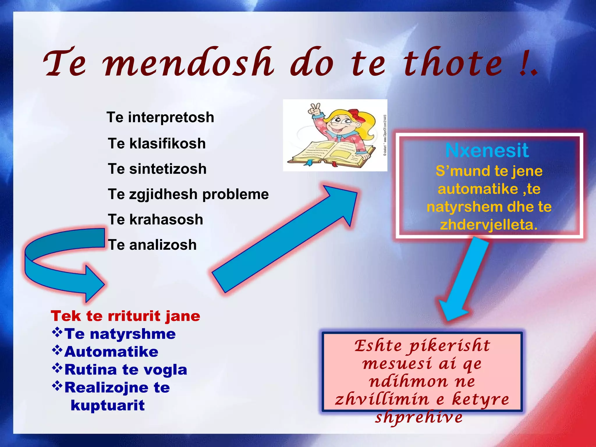 Te mendosh do te thote !.
Te interpretosh
Te klasifikosh
Te sintetizosh
Te zgjidhesh probleme
Te krahasosh
Te analizosh
Tek te rriturit jane
Te natyrshme
Automatike
Rutina te vogla
Realizojne te
kuptuarit
Nxenesit
S’mund te jene
automatike ,te
natyrshem dhe te
zhdervjelleta.
Eshte pikerisht
mesuesi ai qe
ndihmon ne
zhvillimin e ketyre
shprehive
 