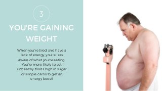 YOU'RE GAINING
WEIGHT
When you're tired and have a
lack of energy, you're less
aware of what you're eating.
You're more likely to eat
unhealthy foods high in sugar
or simple carbs to get an
energy boost!
3
 