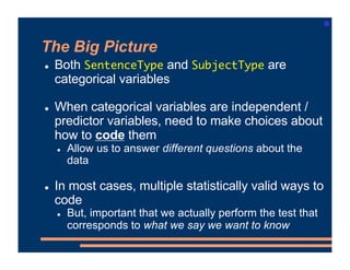 The Big Picture
! Both SentenceType and SubjectType are
categorical variables
! When categorical variables are independent...