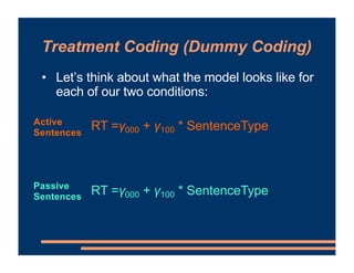 Treatment Coding (Dummy Coding)
• Let’s think about what the model looks like for
each of our two conditions:
RT =γ000 + γ...