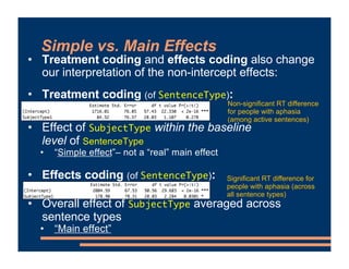 Simple vs. Main Effects
• Treatment coding and effects coding also change
our interpretation of the non-intercept effects:...