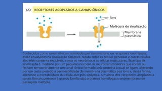 Conhecidos como canais iônicos controlados por transmissores ou receptores ionotrópicos,
estão envolvidos na sinalização sináptica rápida entre as células nervosas e outras células-
alvo eletricamente excitáveis, como os neurônios e as células musculares. Esse tipo de
sinalização é mediado por um pequeno número de neurotransmissores que abrem ou
fecham temporariamente um canal iônico formado pela proteína à qual se ligam, alterando
por um curto período a permeabilidade da membrana plasmática aos íons e, dessa forma,
alterando a excitabilidade da célula-alvo pós-sináptica. A maioria dos receptores acoplados a
canais iônicos pertence à grande família das proteínas homólogas transmembrana de
passagem múltipla.
 