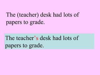 The (teacher) desk had lots of
papers to grade.
The teacher’s desk had lots of
papers to grade.
 
