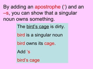 By adding an apostrophe (‘) and an
–s, you can show that a singular
noun owns something.
The bird’s cage is dirty.
bird is a singular noun
bird owns its cage.
Add ‘s
bird’s cage
 