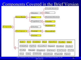 Components Covered in the Brief Version
                                                                        JCheckBoxMenuItem


                                             JMenuItem                  JMenu


             AbstractButton                  JButton                    JRadioButtonMenuItem


                                             JToggleButton              JCheckBox


                                                                        JRadioButton
JComponent                                   JEditorPane


             JTextComponent                  JTextField                 JPasswordField


                                             JTextArea



                    JLabel         JList        JComboBox         JPanel       JOptionPane        JScrollBar      JSlider

                    JTabbedPane            JSplitPane      JLayeredPane       JSeparator       JScrollPane      JRootPane

                    JToolBar          JMenuBar          JPopupMenu         JFileChooser         JColorChooser       JToolTip

                    JTree        JTable         JTableHeader        JInternalFrame         JProgressBar        JSpinner

              Liang, Introduction to Java Programming, Ninth Edition, (c) 2013 Pearson Education, Inc. All
                                                   rights reserved.
                                                                                                                            10
 