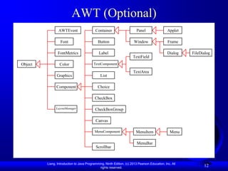 AWT (Optional)
                 AWTEvent                  Container                     Panel                 Applet

                  Font                       Button                    Window                  Frame

                FontMetrics                   Label                                            Dialog   FileDialog
                                                                      TextField
Object           Color                    TextComponent

                                                                      TextArea
               Graphics                        List

               Component                     Choice

                                           CheckBox

               LayoutManager               CheckBoxGroup

                                           Canvas

                                          MenuComponent                 MenuItem                Menu

                                                                         MenuBar
                                           Scrollbar


         Liang, Introduction to Java Programming, Ninth Edition, (c) 2013 Pearson Education, Inc. All
                                              rights reserved.
                                                                                                              12
 