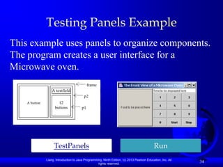 Testing Panels Example
This example uses panels to organize components.
The program creates a user interface for a
Microwave oven.
                                              frame
                   A textfield
                                          p2
    A button           12
                     buttons             p1




                    TestPanels                                                                Run
               Liang, Introduction to Java Programming, Ninth Edition, (c) 2013 Pearson Education, Inc. All
                                                    rights reserved.
                                                                                                              34
 