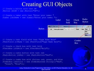 Creating GUI Objects
// Create a button with text OK
JButton jbtOK = new JButton("OK");

// Create a label with text "Enter your name: "
JLabel jlblName = new JLabel("Enter your name: ");
                                                                              Label            Text           Check   Radio
                                                                                               field          Box     Button


                                                Button




// Create a text field with text "Type Name Here"
                                                                                                              Combo
JTextField jtfName = new JTextField("Type Name Here");
                                                                                                              Box
// Create a check box with text bold
JCheckBox jchkBold = new JCheckBox("Bold");

// Create a radio button with text red
JRadioButton jrbRed = new JRadioButton("Red");

// Create a combo box with choices red, green, and blue
JComboBox jcboColor = new JComboBox(new String[]{"Red",
  "Green", "Blue"});

               Liang, Introduction to Java Programming, Ninth Edition, (c) 2013 Pearson Education, Inc. All
                                                    rights reserved.
                                                                                                                        4
 