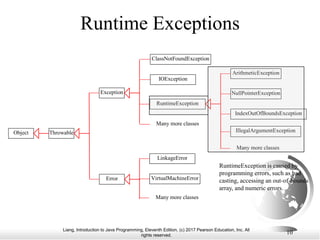 Liang, Introduction to Java Programming, Eleventh Edition, (c) 2017 Pearson Education, Inc. All
rights reserved.
10
Runtime Exceptions
LinkageError
Error
Throwable
ClassNotFoundException
VirtualMachineError
IOException
Exception
RuntimeException
Object
ArithmeticException
NullPointerException
IndexOutOfBoundsException
Many more classes
Many more classes
Many more classes
IllegalArgumentException
RuntimeException is caused by
programming errors, such as bad
casting, accessing an out-of-bounds
array, and numeric errors.
 