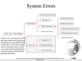 Liang, Introduction to Java Programming, Eleventh Edition, (c) 2017 Pearson Education, Inc. All
rights reserved.
8
System Errors
LinkageError
Error
Throwable
ClassNotFoundException
VirtualMachineError
IOException
Exception
RuntimeException
Object
ArithmeticException
NullPointerException
IndexOutOfBoundsException
Many more classes
Many more classes
Many more classes
IllegalArgumentException
System errors are thrown by JVM
and represented in the Error class.
The Error class describes internal
system errors. Such errors rarely
occur. If one does, there is little
you can do beyond notifying the
user and trying to terminate the
program gracefully.
 