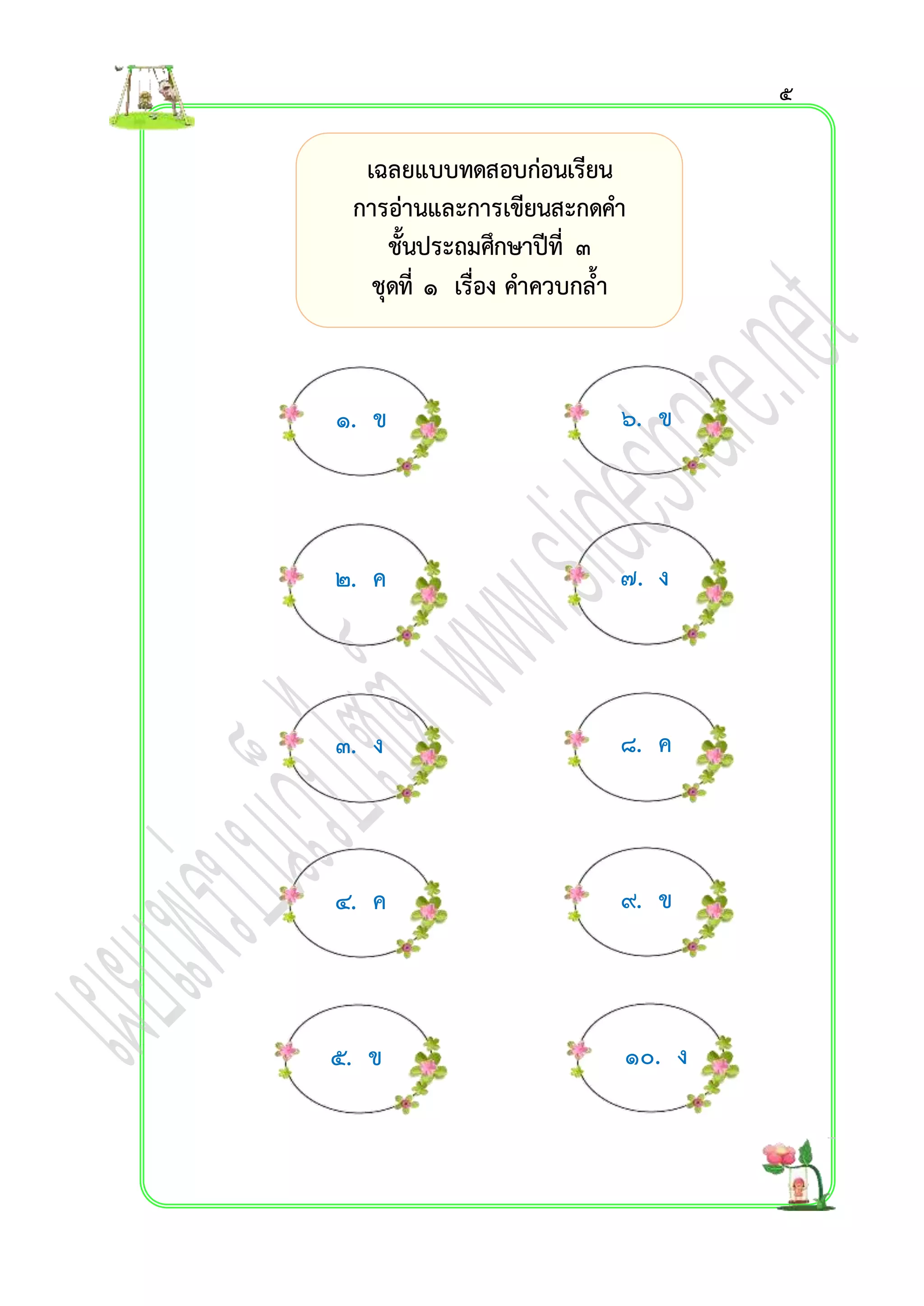 เฉลยแบบทดสอบก่อนเรียน 
กำรอ่ำนและกำรเขียนสะกดคำ 
ชั้นประถมศึกษำปีที่ ๓ 
ชุดที่ ๑ เรื่อง คำควบกล้ำ 
๑. ข ๖. ข 
๒. ค ๗. ง 
๓. ง 
๒ 
๘. ค 
๔. ค ๙. ข 
๕. ข ๑๐. ง 
๕ 
 