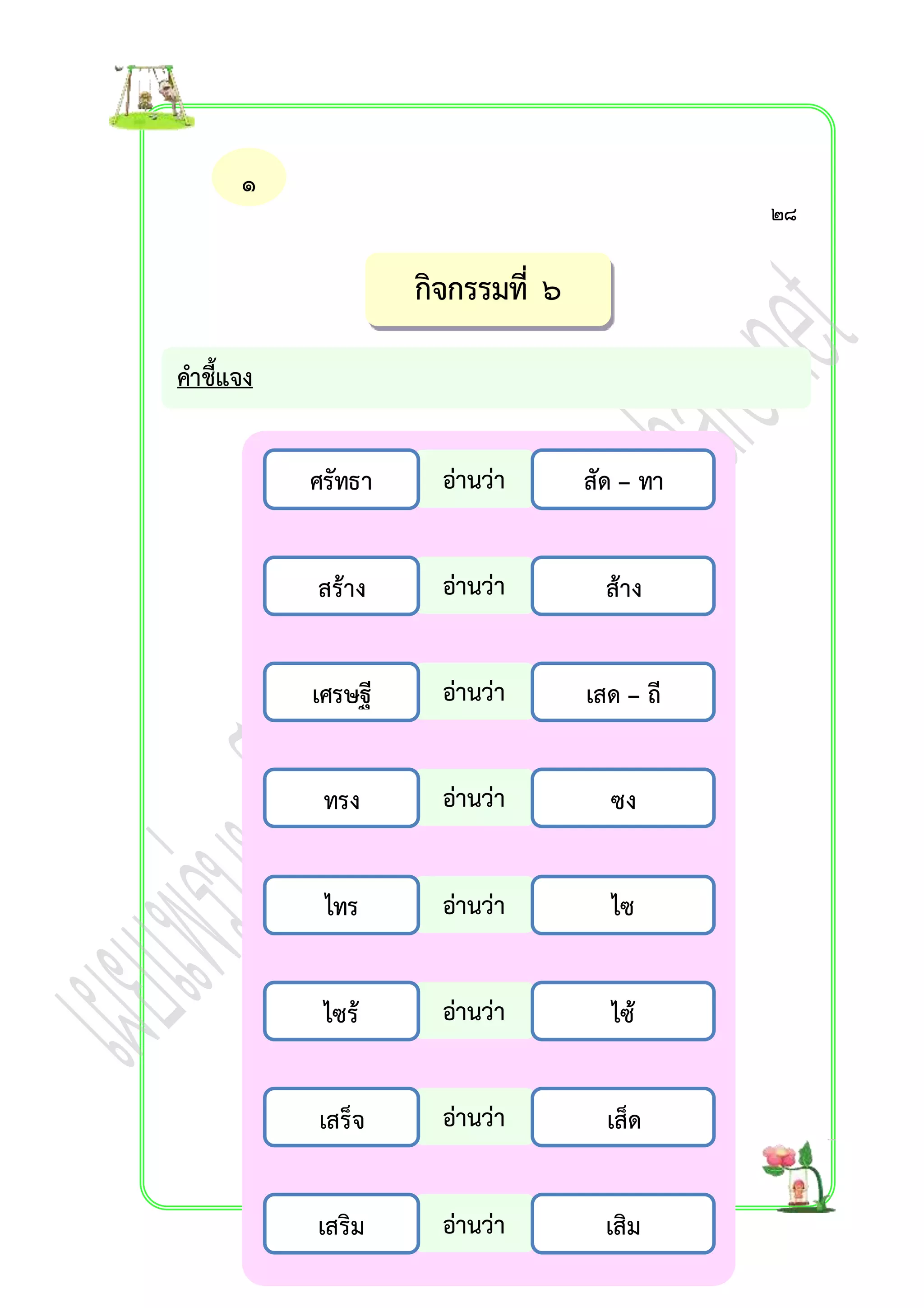 ๑ 
๐. ๒๘ 
กิจกรรมที่ ๖ 
คำชี้แจง 
ให้นักเรียนฝึกอ่ำนคำควบกล้ำไม่แท้และออกเสียงให้ถูกต้อง 
อ่ำนว่ำ 
อ่ำนว่ำ 
อ่ำนว่ำ 
อ่ำนว่ำ 
อ่ำนว่ำ 
อ่ำนว่ำ 
อ่ำนว่ำ 
อ่ำนว่ำ 
ศรัทธำ 
สร้ำง 
เศรษฐี 
ทรง 
ไทร 
ไซร้ 
เสร็จ 
เสริม 
สัด – ทำ 
ส้ำง 
เสด – ถี 
ซง 
ไซ 
ไซ้ 
เส็ด 
เสิม 
 