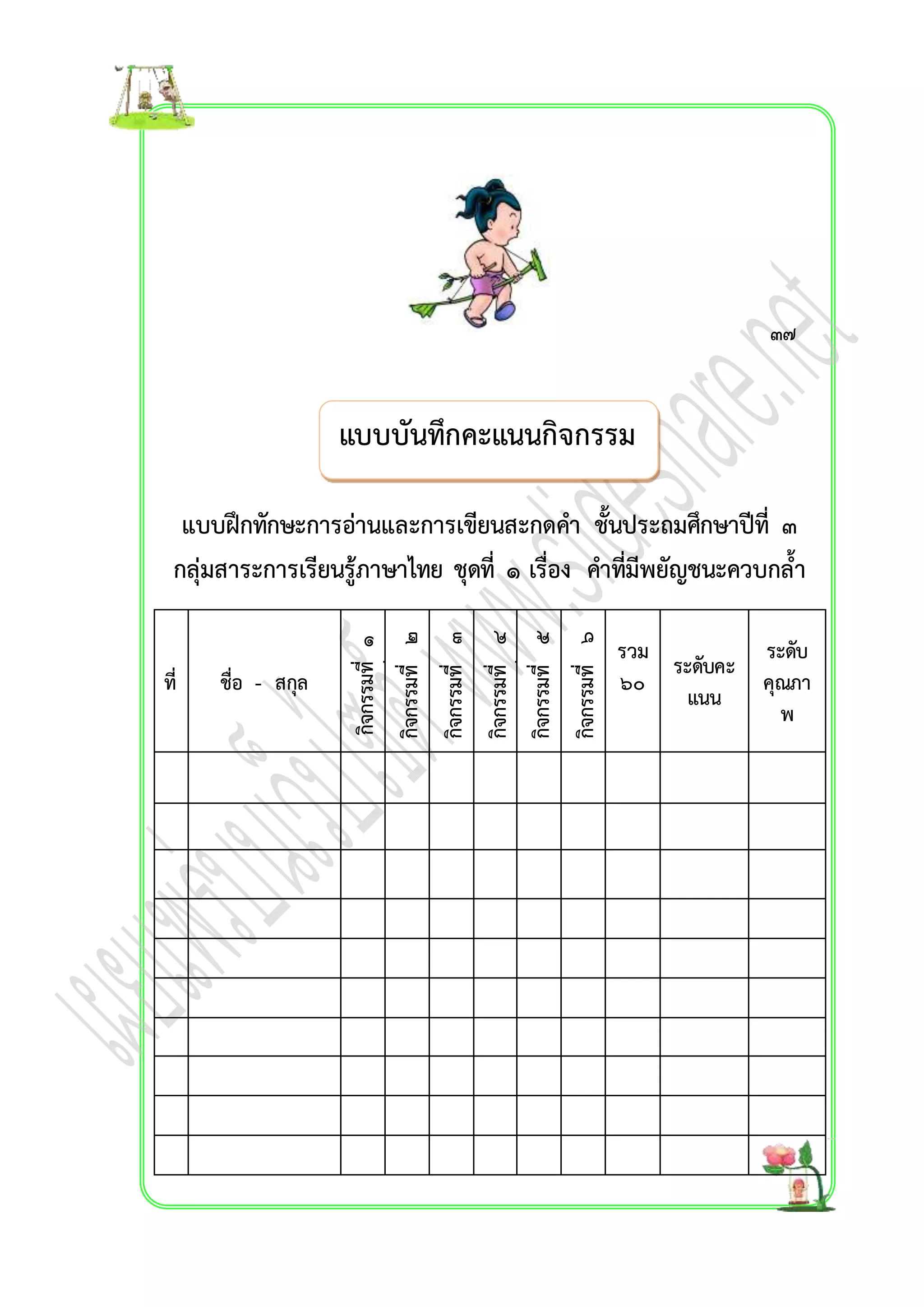 แบบฝึกทักษะกำรอ่ำนและกำรเขียนสะกดคำ ชั้นประถมศึกษำปีที่ ๓ 
กลุ่มสำระกำรเรียนรู้ภำษำไทย ชุดที่ ๑ เรื่อง คำที่มีพยัญชนะควบกล้ำ 
ที่ ชื่อ - สกุล 
กิจกรรมที่ ๑ 
กิจกรรมที่ ๑ 
กิจกรรมที่ ๒ 
กิจกรรมที่ ๓ 
กิจกรรมที่ ๔ 
กิจกรรมที่ ๔ 
กิจกรรมที่ ๕ 
กิจกรรมที่ ๖ 
รวม 
๖๐ 
ระดับคะ 
แนน 
ระดับ 
คุณภำ 
พ 
แบบบันทึกคะแนนกิจกรรม 
๓๗ 
 