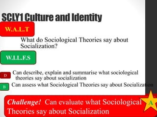 SCLY1 Culture and Identity 
W.A.L.T 
What do Sociological Theories say about 
Socialization? 
W.I.L.F.S 
Can describe, explain and summarise what sociological 
theories say about socialization 
Can assess what Sociological Theories say about Socialization 
Challenge! Can evaluate what Sociological 
Theories say about Socialization 
A 
D 
B 
