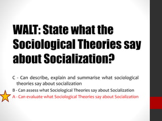 WALT: State what the 
Sociological Theories say 
about Socialization? 
C - Can describe, explain and summarise what sociological 
theories say about socialization 
B - Can assess what Sociological Theories say about Socialization 
A - Can evaluate what Sociological Theories say about Socialization 
 
