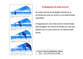Propagação da onda sonora
As ondas sonoras se propagam através do ar .
As frentes de onda se movem a uma determinada
velocidade.
A frequência de uma onda sonora é determinada
pela contagem do número de frentes de onda que
passam por um certo ponto em um determinado
tempo.
Coleção Ciencia & Natureza: Física
Time – Life e Abril livros (1996)
 