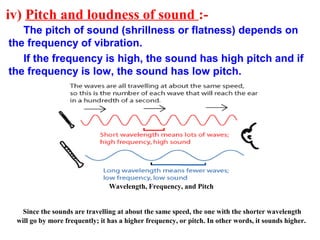 iv) Pitch and loudness of sound :-
The pitch of sound (shrillness or flatness) depends on
the frequency of vibration.
If the frequency is high, the sound has high pitch and if
the frequency is low, the sound has low pitch.
Wavelength, Frequency, and Pitch
Since the sounds are travelling at about the same speed, the one with the shorter wavelength
will go by more frequently; it has a higher frequency, or pitch. In other words, it sounds higher.
 