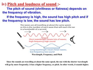 iv) Pitch and loudness of sound :-
The pitch of sound (shrillness or flatness) depends on
the frequency of vibration.
If the frequency is high, the sound has high pitch and if
the frequency is low, the sound has low pitch.
Wavelength, Frequency, and Pitch
Since the sounds are travelling at about the same speed, the one with the shorter wavelength
will go by more frequently; it has a higher frequency, or pitch. In other words, it sounds higher.
 