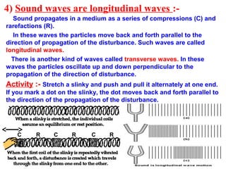 4) Sound waves are longitudinal waves :-
Sound propagates in a medium as a series of compressions (C) and
rarefactions (R).
In these waves the particles move back and forth parallel to the
direction of propagation of the disturbance. Such waves are called
longitudinal waves.
There is another kind of waves called transverse waves. In these
waves the particles oscillate up and down perpendicular to the
propagation of the direction of disturbance.
Activity :- Stretch a slinky and push and pull it alternately at one end.
If you mark a dot on the slinky, the dot moves back and forth parallel to
the direction of the propagation of the disturbance.
C C CR R R
 