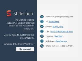 contact: support@slideshop.com
fb: theslideshop
twitter: @slide_shop
blog: http://blog.slideshop.com/
pinterest: Slideshop
slideshare: slideshop.com
phone number: +1 602 559 4554
The world's leading
supplier of unique, creative
and effective PowerPoint
templates.
Do you want to customize this
presentation?
Download the PowerPoint file.
Download
 