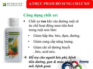 6.THỰC PHẨM BỔ SUNG CHẤT XƠ


Công dụng chất xơ:
   Chất xơ tan khi vào đường ruột sẽ
    ức chế hoạt động men tiêu hoá
    trong ruột non làm:
    •   Giảm hấp thu: béo, đạm, đường.
    •   Giảm cung cấp năng lượng.
    •   Giảm chỉ số đường huyết
        , béo, acid uric.
 Hỗ trợ cho người béo phì, bệnh
  tiểu đường, gan & máu nhiễm
  mỡ, bệnh gout.
 