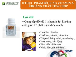 8.THỰC PHẨM BỔ SUNG VITAMIN &
    KHOÁNG CHẤT TỔNG HỢP


Lợi ích:
 Cung cấp đầy đủ 11vitamin &4 khoáng
chất giúp trẻ phát triển khỏe mạnh.

            Lười ăn, chán ăn
            Ho khan, sổ mũi, cảm cúm..
            Giúp trẻ thông minh, nhanh nhẹn,
            Hoạt động, vận động
            Phát triển chiều cao
            Khóc đêm,giật mình(ca)
 