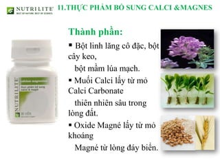 11.THỰC PHẨM BỔ SUNG CALCI &MAGNES


  Thành phần:
   Bột linh lăng cô đặc, bột
  cây keo,
    bột mầm lúa mạch.
   Muối Calci lấy từ mỏ
  Calci Carbonate
    thiên nhiên sâu trong
  lòng đất.
   Oxide Magné lấy từ mỏ
  khoáng
    Magné từ lòng đáy biển.
 