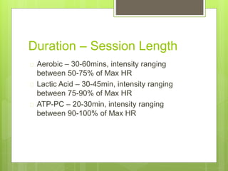 Duration – Session Length 
 Aerobic – 30-60mins, intensity ranging 
between 50-75% of Max HR 
 Lactic Acid – 30-45min, intensity ranging 
between 75-90% of Max HR 
 ATP-PC – 20-30min, intensity ranging 
between 90-100% of Max HR 
 