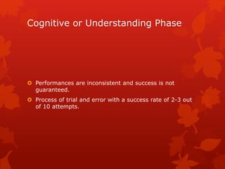Cognitive or Understanding Phase 
 Performances are inconsistent and success is not 
guaranteed. 
 Process of trial and error with a success rate of 2-3 out 
of 10 attempts. 
 