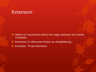 Extension 
 Refers to movement where the angle between two bones 
increases. 
 Extension is otherwise known as straightening. 
 Example: Tricep Extension 
 