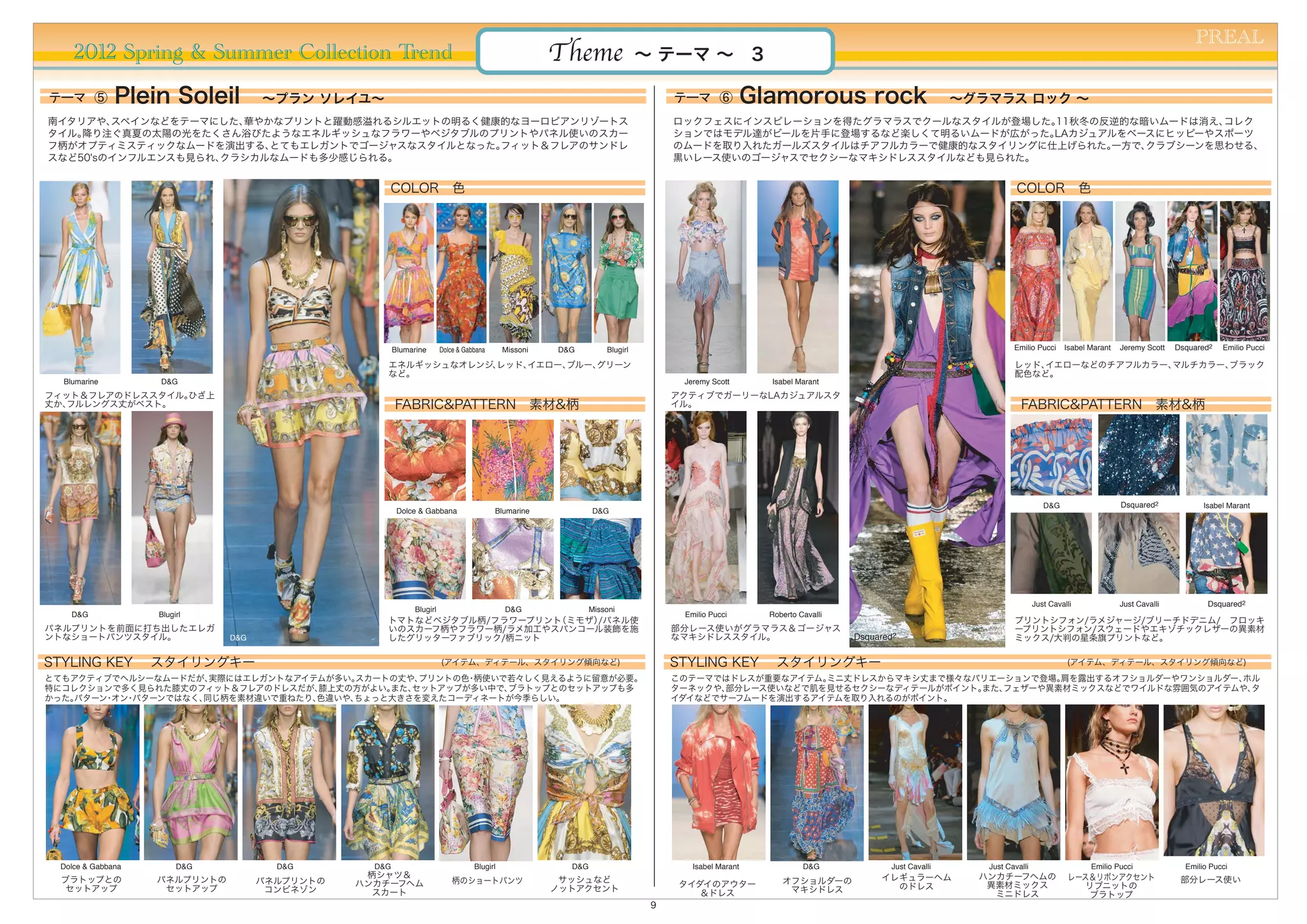 PREAL
    2012 Spring & Summer Collection Trend                                                             Theme                 ∼ テーマ ∼ 3


南イタリアや、 スペインなどをテーマにした、華やかなプリントと躍動感溢れるシルエットの明るく健康的なヨーロピアンリゾートス                                                                    ロックフェスにインスピレーションを得たグラマラスでクールなスタイルが登場した。11秋冬の反逆的な暗いムードは消え、コレク
タイル。降り注ぐ真夏の太陽の光をたくさん浴びたようなエネルギッシュなフラワーやベジタブルのプリントやパネル使いのスカー                                                                      ションではモデル達がビールを片手に登場するなど楽しくて明るいムードが広がった。LAカジュアルをベースにヒッピーやスポーツ
フ柄がオプティミスティックなムードを演出する、  とてもエレガントでゴージャスなスタイルとなった。フィット＆フレアのサンドレ                                                                   のムードを取り入れたガールズスタイルはチアフルカラーで健康的なスタイリングに仕上げられた。一方で、クラブシーンを思わせる、
スなど50'sのインフルエンスも見られ、クラシカルなムードも多少感じられる。                                                                                           黒いレース使いのゴージャスでセクシーなマキシドレススタイルなども見られた。


                                                   COLOR 色                                                                                                                                           COLOR 色




                                                       Blumarine       Dolce & Gabbana      Missoni   D&G         Blugirl                                                                           Emilio Pucci     Isabel Marant   Jeremy Scott   Dsquared2   Emilio Pucci

                                                   エネルギッシュなオレンジ、レッド、イエロー、
                                                                        ブルー、グリーン                                                                                                                    レッド、イエローなどのチアフルカラー、マルチカラー、ブラック
                                                   など。                                                                                                                                              配色など。
  Blumarine        D&G                                                                                                            Jeremy Scott      Isabel Marant
フィット＆フレアのドレススタイル。ひざ上                                                                                                             アクティブでガーリーなLAカジュアルスタ
丈か、フルレングス丈がベスト。                                        FABRIC&PATTERN 素材&柄                                                       イル。                                                                  FABRIC&PATTERN 素材&柄




                                                                                                                                                                                                               D&G                   Dsquared2             Isabel Marant
                                                        Dolce & Gabbana                  Blumarine            D&G




                                                                                                                                                                                                            Just Cavalli             Just Cavalli           Dsquared2
                                                             Blugirl                        D&G               Missoni
    D&G            Blugirl                                                                                                        Emilio Pucci      Roberto Cavalli
                                                   トマトなどベジタブル柄/フラワープリント（ミモザ）/パネル使                                                                                                                   プリントシフォン/ラメジャージ/ブリーチドデニム/ フロッキ
パネルプリントを前面に打ち出したエレガ                                いのスカーフ柄やフラワー柄/ラメ加工やスパンコール装飾を施                                                 部分レース使いがグラマラス＆ゴージャス                                                ープリントシフォン/スウェードやエキゾチックレザーの異素材
ントなショートパンツスタイル。               D&G                  したグリッターファブリック/柄ニット                                                            なマキシドレススタイル。                         Dsquared2                     ミックス/大判の星条旗プリントなど。

STYLING KEY  スタイリングキー                                                  (アイテム、ディテール、スタイリング傾向など)                                   STYLING KEY  スタイリングキー                                                                (アイテム、ディテール、スタイリング傾向など)
とてもアクティブでヘルシーなムードだが、  実際にはエレガントなアイテムが多い。スカートの丈や、プリントの色 柄使いで若々しく見えるように留意が必要。
                                                      ・                                                                          このテーマではドレスが重要なアイテム。ミニ丈ドレスからマキシ丈まで様々なバリエーションで登場。 肩を露出するオフショルダーやワンショルダー、ホル
特にコレクションで多く見られた膝丈のフィット＆フレアのドレスだが、  膝上丈の方がよい。また、セットアップが多い中で、ブラトップとのセットアップも多                                                       ターネックや、部分レース使いなどで肌を見せるセクシーなディテールがポイント。また、フェザーや異素材ミックスなどでワイルドな雰囲気のアイテムや、タ
かった。パターン オン パターンではなく、
        ・ ・         同じ柄を素材違いで重ねたり、 色違いや、
                                       ちょっと大きさを変えたコーディネートが今季らしい。                                                                 イダイなどでサーフムードを演出するアイテムを取り入れるのがポイント。




 Dolce & Gabbana        D&G           D&G        D&G                              Blugirl               D&G                         Isabel Marant            D&G             Just Cavalli    Just Cavalli                   Emilio Pucci              Emilio Pucci
                                                柄シャツ＆                                                                                                                      イレギュラーヘム         ハンカチーフヘムの                 レース＆リボンアクセント
  ブラトップとの          パネルプリントの         パネルプリントの   ハンカチーフヘム                    柄のショートパンツ                   サッシュなど                                          オフショルダーの                                                                                      部分レース使い
                                                                                                                                 タイダイのアウター                                   のドレス            異素材ミックス                     リブニットの
   セットアップ           セットアップ           コンビネゾン      スカート                                                 ノットアクセント                                          マキシドレス
                                                                                                                                    ＆ドレス                                                      ミニドレス                      ブラトップ
                                                                                                                             9
 