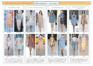 PREAL
2012 Spring & Summer Collection Trend                         Silhouette&Line   ∼ シルエット&ライン ∼

                                                                                                                        ボクシー/フィット＆フレア
     ラウンド＆アワーグラス                         ルーミーライン/テントライン                             ソフトスカルプチュラル
                                                                                                                           リーン/シース




   Christian Dior    John Galliano    Diane Von Furstenberg        Chloé           Miu Miu      Yves Saint Laurent        Prada           Blugirl




 Aquilano. Rimondi   Louis Vuitton          Miu Miu                DKNY             No. 21        Karen Walker           Loewe            Preen


50年代にディオールが打ち出した
               「オーバルライン」「マ
                        や            リラックスしたムードの拡大から、ゆったりとした広が                  今季のシルエットで一番気になるのが一部のブランドで登           この４つのシルエットはエレガントなクラッシックムードの
グネット」ラインのような、ドロップショルダーやラウン           りのあるルーミーラインが登場。プリーツやタックによ                  場したソフトスカルプチュラル。今までの身体のラインを無          広がりを受けて11秋冬から継続。全体的に膝丈が多い。ボクシ
ドスリーブでつくるラウンドシルエットが拡大。 また、ア          りボトムスに向けて分量感あるシルエットを作る手法が                  視した構築性ではなく、きちんと身体に沿うボリュームが特          ーラインはあまり大げさではないソフトボクシーが多く、  他
ワーグラスも登場。ふんわりとした優しいボリューム感で、          多く見られた。テントラインも多く、張りのある素材の                  徴。ダブルサテンなど張りのある素材でさりげないボリュー          にはロートルソーのシャープなボクシーなども見られた。 また、
レトロなフェミニンムードを演出するブランドが多かった。          直線的なラインや、柔らかなフレアの両方があった。                   ムを演出し、フレッシュでフェミニンなムードを高めた。           フィット＆フレアではミニ丈も見られた。


                                                                           11
 
