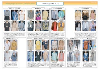 PREAL
  2012 Spring & Summer Collection Trend                                               Item          ∼ アイテム ∼ 2


               クロップドジャケット                                            柄ジャケット                                      レザージャケット                                                            レザーブルゾン




 Christian Dior    Giorgio Armani    Nina Ricci       Chanel           Peter Som       Tory Burch            3.1 Phillip Lim   Marc Jacobs                           Louis Vuitton    Donna Karan         Fendi




     Fendi            Mulberry      Marc Jacobs        Gucci           Anna Sui       Karen Walker            Derek Lam           Fendi                                 Versus        3.1 Phillip Lim   Nina Ricci

半袖∼9分袖のショート丈ジャケットが多く登場した。コンパク                     シャイニーなグリッター素材やプリント素材、 ニットジャカー                             今季はカラフルなサマーレザージャケ                                    レザーブルゾンも春夏としては多い印象。ハードなライダースデ
トなショルダーラインと、丸みを帯びたクラシカルなショルダ                      ドなど、素材も柄も多彩な印象。デザインもシングル、ダブルブレ                            ットが多い印象。なかでもソフトで薄                                    ザインやノーカラージップアップ、フーテッドデザインやミニブ
ーラインの2タイプが見られ、いずれもシングルブレストのシン                     スト、テーラードにノーカラーと様々。カラー配色のパイピング                             いスムースレザーやクリアな光沢感の                                    ルゾンなど、全体的にショート丈が多い。配色やパンチングなど
プルなデザインが主流となった。                                   やトリミング、ラペル配色などのテクニックが多く見られた。                              型押しレザーが多い。                                           のクラフトレザー、コーティングや型押しなど、種類も豊富。


   スポーティブルゾン                                                        スーツ（スカート）                                 ショートパンツスーツ                             パジャマスーツ                                       柄スーツ




  Nina Ricci          Akris                           Chanel          Louis Vuitton    Nina Ricci           Dolce & Gabbana     Mulberry      Antonio Marras       Paul Smith         Dolce & Gabbana   Jil Sander




 Barbara Bui      Rebecca Taylor                  Dolce & Gabbana      Anna Sui       Christian Dior          Moschino          Jill Stuart   Stella McCartney        Diane            Antonio Marras   Moschino
                                                                                                             Cheap & Chic                                        Von Furstenberg
ジップアップデザインの様々なブルゾ                                 今季はツイード素材や総レース素材のオーソドックスなスカー                              ショートジャケット＋ショートパンツ                 薄くてソフトな、まるでパジャマのよう                      ライトなコットン素材やサテン素材に
ンが登場した。素材はレザーや異素材                                 トスーツが増えた印象。  中でもショート丈ジャケット＋タイト                            の組み合わせも今季増えたアイテム。ク                なスーツが登場した。ルーミーなシルエ                      大胆でインパクトのあるプリントが特
コンビ、ナイロンやコーティングコット                                スカートの50's風のクラシックスタイルが特徴的。また、レザー                           ラシックツイードやレザー素材が主流で、               ットと、落ち感のあるパジャマのよう                       徴的。コンパクトなショルダーラインと
ン素材。                                              スーツも新鮮なアイテムと言える。                                          レトロでコケティッシュな印象。                   な総柄プリント素材が特徴。                           カジュアルな仕立てが主流。

                                                                                                       19
 