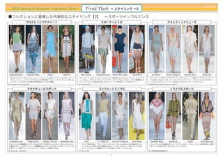 PREAL
    2012 Spring & Summer Collection Trend                                           Trend Flash                  ∼ スタイリング ∼2

■コレクションに登場した代表的なスタイリング【2】 ∼スポーツインフルエンス
                    プログレッシブアスリート                                                                   スポーティレトロ                                                                    アスレティックミューズ




 Stella McCartney   Alexander Wang        Versus             Altuzarra          Marc Jacobs   Christopher Kane       Marc by Marc Jacobs     Rag & Bone        Vera Wang      Narciso Rodriguez   Rebecca Taylor     Barbara Bui
 BMXやチアガールなどスポーツにインフルエンスを得たアクティブなスポーティス                                       スポーティレトロにエレガントなアイテムや要素をプラスしたどこかフーチャリステ                                         ロマンティックなムードのスポーティスタイル。ミューズ風のドレスにスポーティブ
 タイル。メッシュ、パンチングクロスなどの素材使いや、カットアウトやバンド使いな                                      ィックなムードのスタイルや、テニスやサーフスタイルのようなシンプルで健康的なス                                        ラを合わせるなど、スポーティなアイテムとロマンティックなアイテムを合わせたス
 どのディテールで作られる軽快で革新的なスタイルが新鮮。                                                  タイル。ミスマッチな雑貨を合わせたり、テイストや要素ミックスがポイント。                                           タイルや、スポーティディテールを取り入れたロマンティックスタイル。
他 Altuzzarra、Sportmaxなど
 ：                                                                            他 Altuzzaraなど
                                                                               ：                                                                            他 BCBG Max Azria、Helmut Langなど
                                                                                                                                                             ：


                     ネオクチュールスポーツ                                                                コンフォートミニマル                                                                          トライバルスポーツ




 Christopher Kane    Prabal Gurung   Aquilano. Rimondi   Giambattista Valli        Chloé       3.1 Phillip Lim       Diane Von Furstenberg   Sonia Rykiel    Alexander Wang        Barbara Bui       Unique        BCBG Max Azria
ルネッサンスの壁紙風などクラシカルな花やツタ柄のラメジャカードやふくれジャカー                                         クリスプ素材の白×ブライトカラーのコントラストから感じられる洗練されたミ                                        イカットや、
                                                                                                                                                                 ナバホ族風のモチーフ、エジプトからインスピレーションを得た柄など、
                                                                                                                                                                                                 様々
ド素材をクチュールのテクニックで構築的なシルエットに仕立てたスポーティスタイル。                                        ニマリズムと、60's∼80'sを思わせるローウェストやルーミーなシルエットが生                                    なトライバル柄をとりいれたスポーティスタイル。
光沢や、シアー感でフューチャリスティックなムードが感じられる。                                                 むリラックスムードが絶妙なバランスを持ったスポーティスタイル。
他 Jason Wu、Loeweなど
 ：                                                                            他 No. 21など
                                                                               ：                                                                            他 Proenza Schoulerなど
                                                                                                                                                             ：

                                                                                                                 3
 