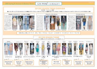PREAL
   2012 Spring & Summer Collection Trend                                                           12ss trend                            ∼ シーズントレンド ∼


                                                                                                2012SS SEASON TREND OVERVIEW
                                                                                                              2012SS コレクション総括
           ■レトロ、スポーツ、アフリカンの３大トレンドの競演。オプティミスティック＆リラックスムードは継続するが、
                                                              ナチュラルなムードは消え、レトロなシルエットのクリーンなフェミニンスタイルが広がった。■


                 20's&ミッドセンチュリー レトロムードの拡大                                                                                     アスレティックエッセンス                                                                               アフリカンスパイス
秋冬に登場した50'sや60's                                                                                  今季、レトロな流れに続く大                                                                                      今季は、スタイルにおいて柄
のインフルエンスが拡大。   最                                                                                  きなトレンドとなったのが                                                                                       が重要。花柄が復活し、   トラ
も多く見られたのがラウン                                                                                      スポーツだ。スポーティなエッ                                                                                     イバル柄も4都市に共通して
ドシルエットと、  ボクシーシ                                                                                   センスを取り入れたブラン                                                                                       登場し、トライバルムードが
ルエット。 そのラインにクリ                                                                                    ドがニューヨークを中心に                                                                                       高まった。中でもアフリカの
アなパステルなどの新しい                                                                                      多く見られた。 中でも、ロマ                                                                                     民族のモチーフや、  手書き風
色使いや、 シアー＆光沢素材                                                                                    ンティックなスタイルにスポー                                                                                     プリントやバティック柄が
とマットな素材との対比で                                                                                      ティなディテールを加えたり、                                                                                     多く見られた。 アフリカは
                                                                                                                                                                                                            「
表現されたクリーンなフェ                                                                                      スポーティレトロにエレガ                                                                                       始まりの地」とのダイアン フォ
ミニンスタイルが新鮮だった。                                                                                    ントなアイテムを合わせるな                                                                                      ン ファステンバーグのコメ
また、12秋冬のジェネラルト                                                                                    ど、異なるテイストのミック                                                                                      ントように原点回帰の意味と、
レンドで浮上した20'sが早                                                                                    スマッチスタイルが新鮮だっ                                                                                      ノマドスピリッツの両方の
くも今季登場した。   アールデ                                                                                  た。他にも、トライバルプリ                                                                                      マインドが考えられる。   今季
コの影響も強く、  幾何学柄を                                                                                   ントをのせるなど、 従来の単                                                                                     の特徴は、例えば20'sのフラッ
取り入れた官能的なゴージャ                                                                                     純なスポーツ×エレガンス                                                                                       パードレスにトライバルプリ
ススタイルや、 20'sのロート                                                                                  ではない新しい打ち出しだ。                                                                                      ントを施したり、決してナチュ
ルソーのシルエットをシアー                                                                                     正当派スポーツスタイルで                                                                                       ラルなムードや従来の粗野
素材でロマンティックに刷                                                                                      はウルトラライトナイロン                                                                                       なエスニックの提案ではなく、
新したスタイルなど、   様々な                                                                                  やパンチングクロスなどの                                                                                       全体として洗練されたエレ
提案が見られ、 ビッグトレン                                                                                    新素材を巧みに使った未来                                                                                       ガントスタイルに落とし込
ドとなった。                            Louis Vuitton       Prada      Gucci          Marc Jacobs       志向的なスタイルに注目だ。              Vera Wang              Rag & Bone     BCBG Max Azria   Alexander Wang   まれていることだ。             Donna Karan    Burberry Prorsum      Alberta Ferretti



                                                     12SSに浮上した新しいキーワード  20’
                                                                      ：   s ラテン アフリカン プレッピー レトロスポーツ ファンタジック クリーン プレイフル



                                                                                                           2012SS SEASON THEME
                                                                                                コレクションに登場したスタイルの中から今シーズン注目のテーマ

     20's&50's                                                 アスレティック           スポーティ           コンフォート       リュミナス                 モダン                                                アメリカン         グラマラス      クロスカルチャー           サファリュクス              プレイフルプレッピー
                                            レトロコケティッシュ                                                                                                       ラテンエレガンス
  ファンタジーフェミニン                                                    ミューズ             レトロ             ミニマル         ミニマル                クラシック                                                ガール           クール         エレガンス




 Louis Vuitton   Christian Dior            Miu Miu    Prada    Rebecca Taylor     Marc Jacobs      Chloé      Reed Krakoff        Dries Van Noten            D&G      Blumarine         Dsquared2      D&G      Burberry Prorsum     Thakoon        Jil Sander Navy      Fendi


 レトロフェミニン                                 ピュア＆ダーク             ロマンティック＋レトロスポーツ                    リラックス ＋ 光感 ＋                     柄                    オプティミスティック ロックテイスト＋グラマラス                                トライバル柄＋サファリ                                プレイフル
                                          ロマンティック                                                      ミニマル                                               エレガンス                                                                                           トラッド



                                                                                                           New Generation                                                                    Glamorous
 Sweet Decades                               Greedy Girl          Athletic Beauty                             Minimal                                        Plein Soleil                       Rock                  Tribal Tribute                 Playful Preppy
       スウィート                                      グリーディ              アスレティック                               ニュージェネラーション                                     プラン ソレイユ                          グラマラス                       トライバル                               プレイフル
       ディケイズ                                       ガール                ビューティ                                   ミニマル                                                                             ロック                      トリビュート                               プレッピー
                                            ＊greedy=欲張りな

                                                                                                                                         6
 
