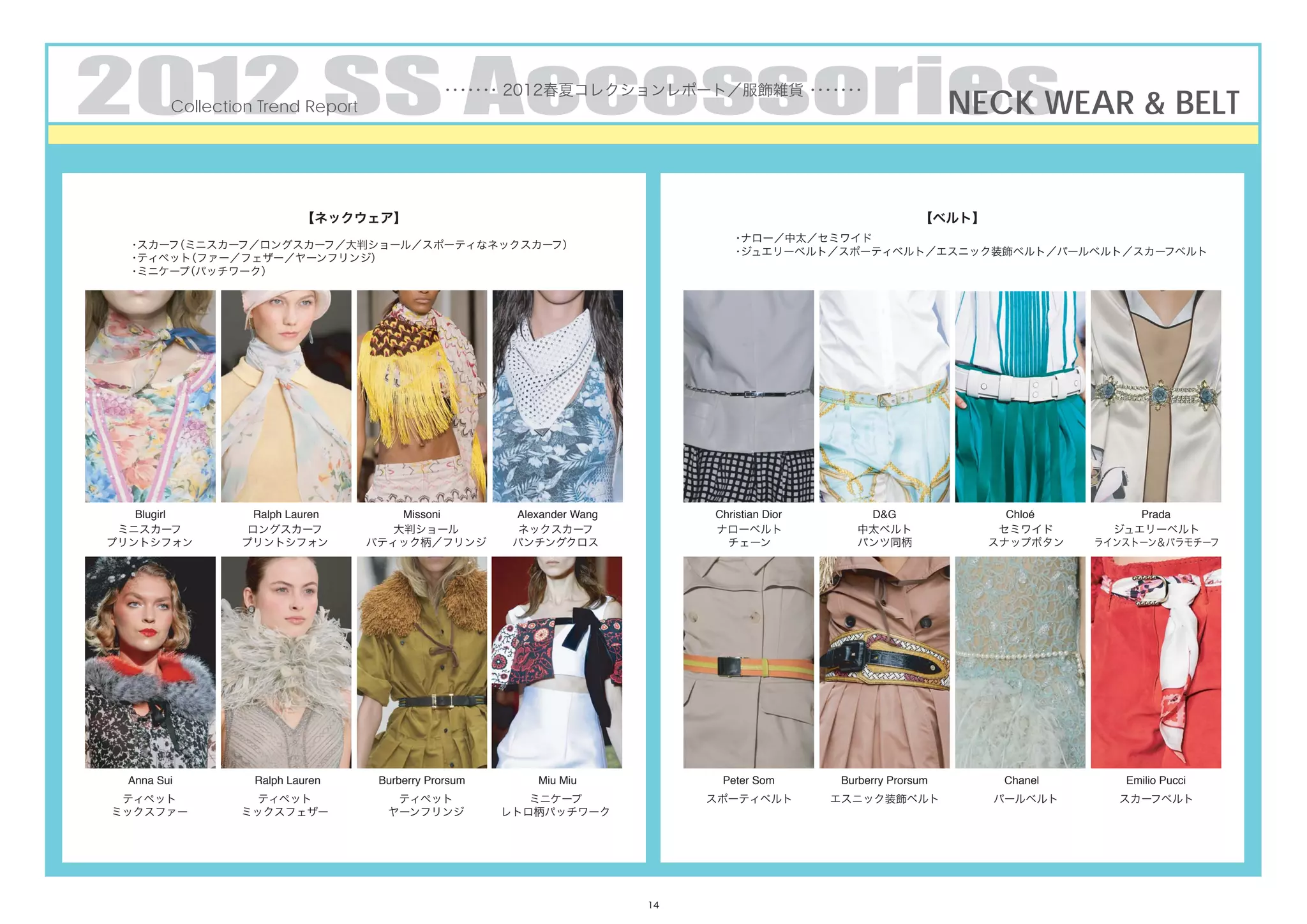 2012 SS Accessories & BELT
                 NECK WEAR
         Collection Trend Report
                                               ・・・・ 2012春夏コレクションレポート／服飾雑貨 ・・・・
                                                ・・・                        ・・・




                           【ネックウェア】                                                                           【ベルト】
                                                                                 ・ナロー／中太／セミワイド
  ・スカーフ（ミニスカーフ／ロングスカーフ／大判ショール／スポーティなネックスカーフ）
                                                                                 ・ジュエリーベルト／スポーティベルト／エスニック装飾ベルト／パールベルト／スカーフベルト
  ・ティペット（ファー／フェザー／ヤーンフリンジ）
  ・ミニケープ（パッチワーク）




   Blugirl         Ralph Lauren        Missoni          Alexander Wang        Christian Dior       D&G                  Chloé        Prada
 ミニスカーフ           ロングスカーフ             大判ショール             ネックスカーフ              ナローベルト              中太ベルト                セミワイド      ジュエリーベルト
プリントシフォン         プリントシフォン          バティック柄／フリンジ          パンチングクロス                チェーン              パンツ同柄               スナップボタン   ラインストーン＆バラモチーフ




  Anna Sui         Ralph Lauren     Burberry Prorsum        Miu Miu            Peter Som        Burberry Prorsum       Chanel      Emilio Pucci
 ティペット             ティペット              ティペット               ミニケープ               スポーティベルト         エスニック装飾ベルト             パールベルト      スカーフベルト
ミックスファー          ミックスフェザー            ヤーンフリンジ           レトロ柄パッチワーク




                                                                         14
 