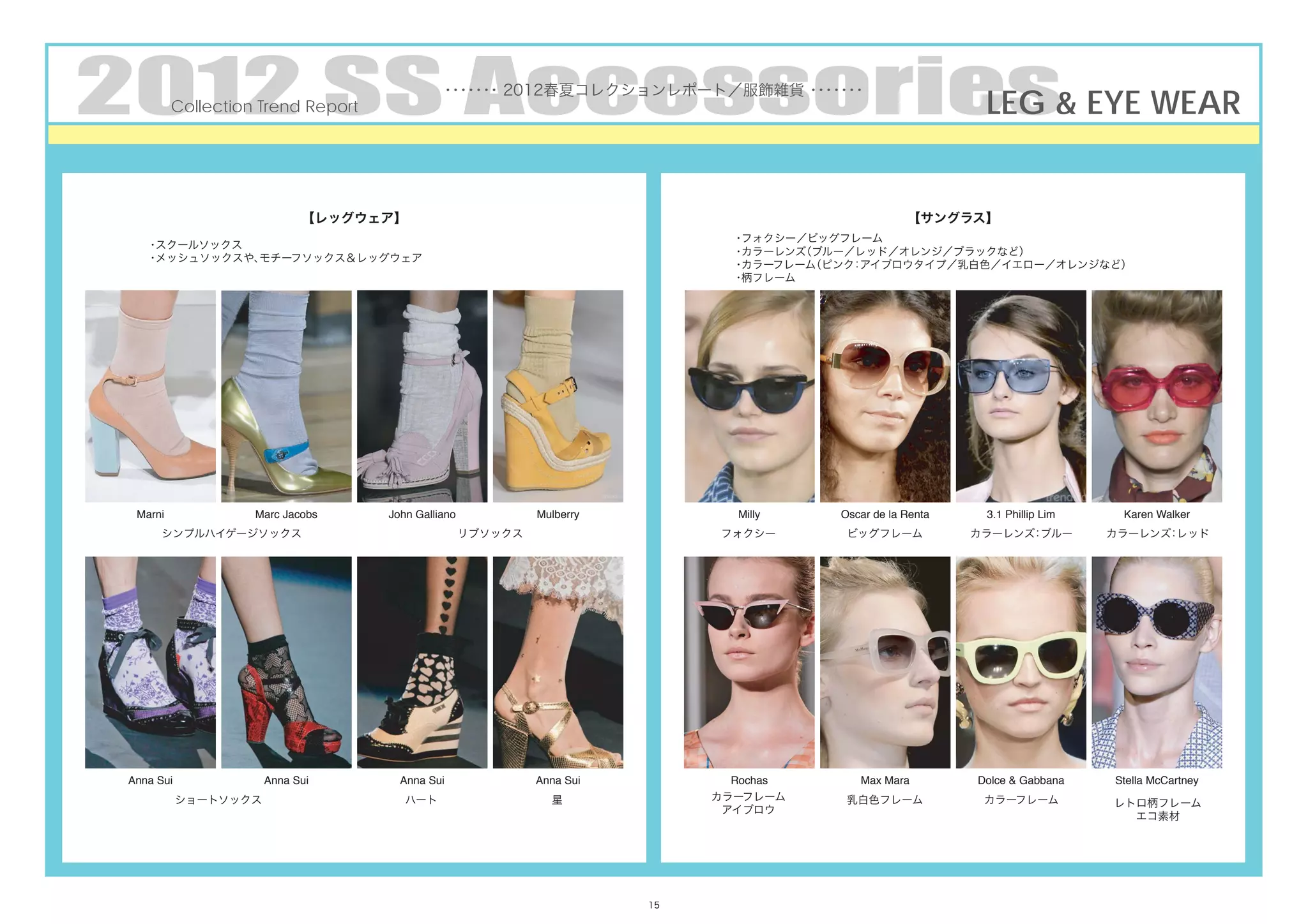 2012 SS Accessories& EYE WEAR
                  LEG
          Collection Trend Report
                                             ・・・・ 2012春夏コレクションレポート／服飾雑貨 ・・・・
                                              ・・・                        ・・・




                             【レッグウェア】                                                                【サングラス】
                                                                               ・フォクシー／ビッグフレーム
    ・スクールソックス
                                                                               ・カラーレンズ（ブルー／レッド／オレンジ／ブラックなど）
    ・メッシュソックスや、モチーフソックス＆レッグウェア
                                                                               ・カラーフレーム（ピンク アイブロウタイプ／乳白色／イエロー／オレンジなど）
                                                                                           ：
                                                                               ・柄フレーム




  Marni             Marc Jacobs     John Galliano            Mulberry          Milly     Oscar de la Renta    3.1 Phillip Lim    Karen Walker
      シンプルハイゲージソックス                                 リブソックス                    フォクシー       ビッグフレーム            カラーレンズ ブルー
                                                                                                                   ：            カラーレンズ レッド
                                                                                                                                      ：




 Anna Sui              Anna Sui       Anna Sui               Anna Sui          Rochas       Max Mara         Dolce & Gabbana    Stella McCartney
            ショートソックス                   ハート                     星             カラーフレーム      乳白色フレーム             カラーフレーム           レトロ柄フレーム
                                                                              アイブロウ
                                                                                                                                  エコ素材




                                                                        15
 