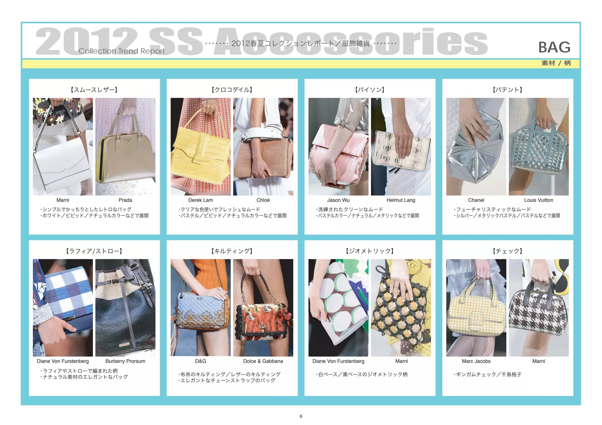 2012 SS Accessories
                Collection Trend Report
                                                  ・・・・ 2012春夏コレクションレポート／服飾雑貨 ・・・・
                                                   ・・・                        ・・・
                                                                                                                                              BAG
                                                                                                                                               素材 / 柄



            【スムースレザー】                                【クロコダイル】                                   【パイソン】                             【パテント】




       Marni                 Prada           Derek Lam          Chloé                Jason Wu           Helmut Lang       Chanel        Louis Vuitton
・シンプルでかっちりとしたレトロなバッグ                       ・クリアな色使いでフレッシュなムード                   ・洗練されたクリーンなムード                        ・フューチャリスティックなムード
・ホワイト／ビビッド／ナチュラルカラーなどで展開                   ・パステル／ビビッド／ナチュラルカラーなどで展開             ・パステルカラー／ナチュラル／メタリックなどで展開             ・シルバー／メタリックパステル／パステルなどで展開




          【ラフィア/ストロー】                                【キルティング】                               【ジオメトリック】                              【チェック】




Diane Von Furstenberg   Burberry Prorsum       D&G        Dolce & Gabbana       Diane Von Furstenberg      Marni        Marc Jacobs         Marni
・ラフィアやストローで編まれた柄
・ナチュラル素材のエレガントなバッグ                         ・布帛のキルティング／レザーのキルティング                ・白ベース／黒ベースのジオメトリック柄                   ・ギンガムチェック／千鳥格子
                                           ・エレガントなチェーンストラップのバッグ




                                                                            6
 