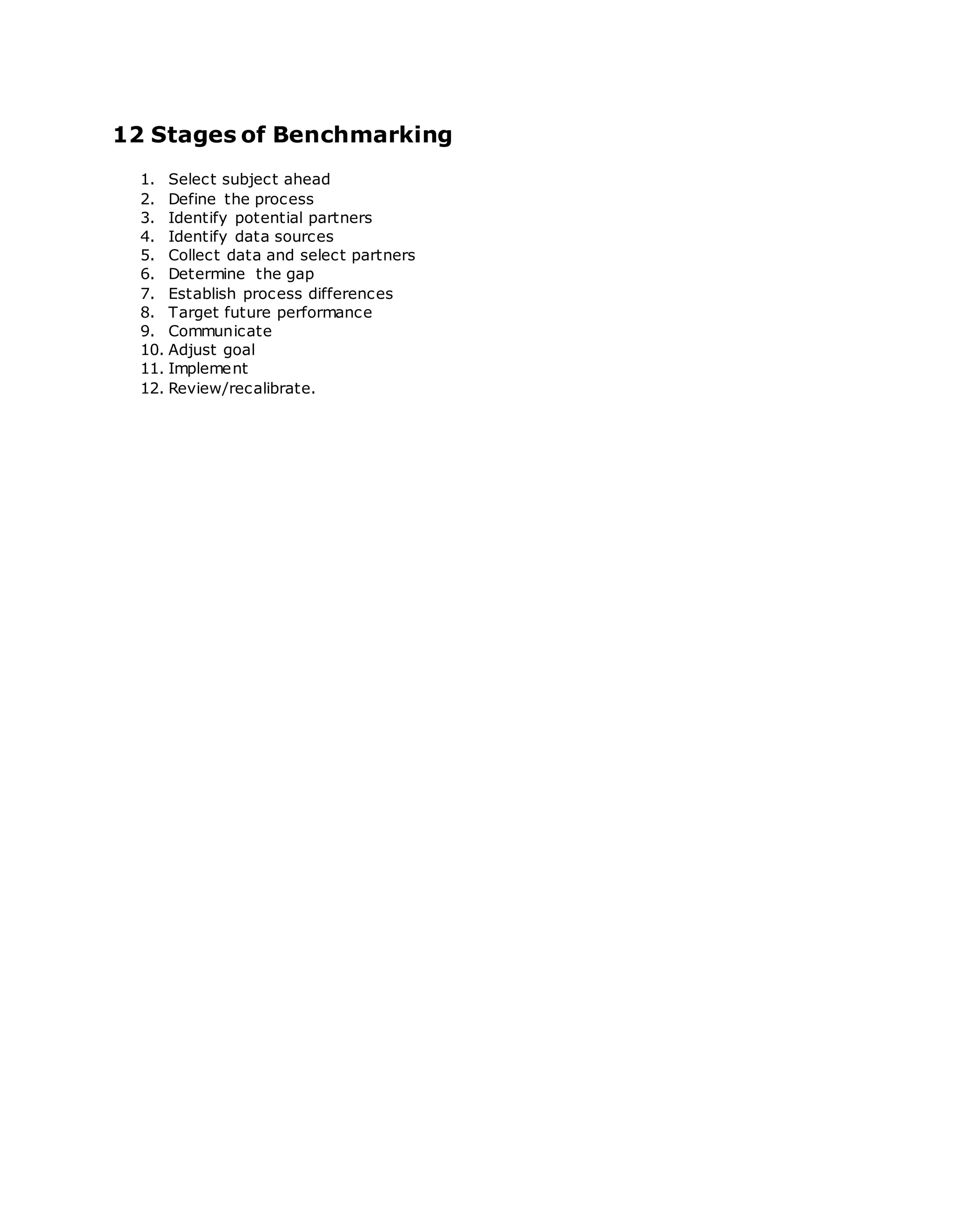 12 Stages of Benchmarking
1. Select subject ahead
2. Define the process
3. Identify potential partners
4. Identify data sources
5. Collect data and select partners
6. Determine the gap
7. Establish process differences
8. Target future performance
9. Communicate
10. Adjust goal
11. Implement
12. Review/recalibrate.