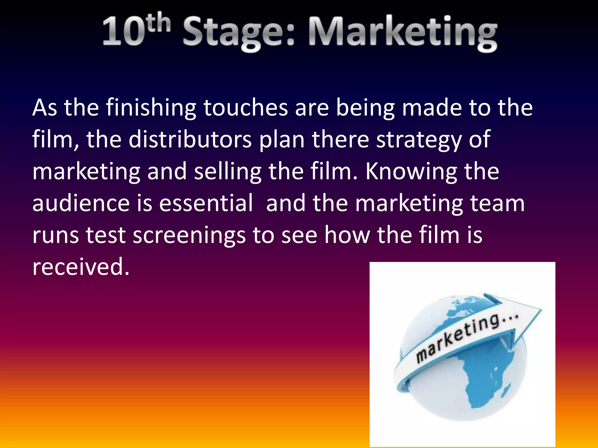 As the finishing touches are being made to the
film, the distributors plan there strategy of
marketing and selling the film. Knowing the
audience is essential and the marketing team
runs test screenings to see how the film is
received.
 