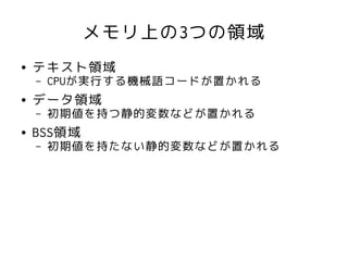 メモリ上の3つの領域
●   テキスト領域
    –   CPUが実行する機械語コードが置かれる
●   データ領域
    –   初期値を持つ静的変数などが置かれる
●   BSS領域
    –   初期値を持たない静的変数などが置かれる
 