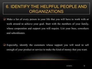 6. IDENTIFY THE HELPFUL PEOPLE AND
ORGANIZATIONS
 Make a list of every person in your life that you will have to work wit...