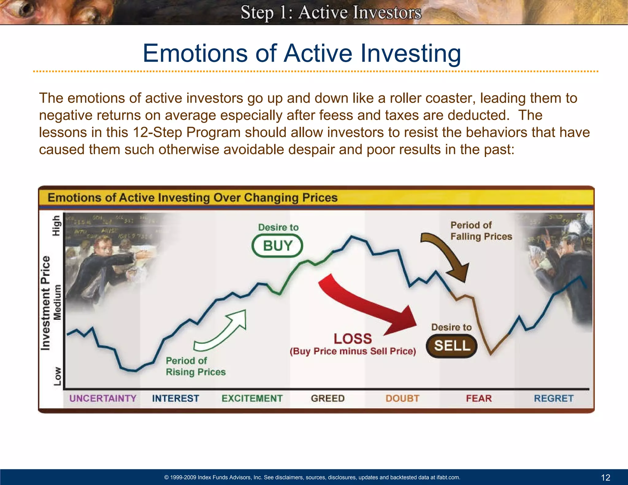 Emotions of Active Investing The emotions of active investors go up and down like a roller coaster, leading them to negative returns on average especially after feess and taxes are deducted.  The lessons in this 12-Step Program should allow investors to resist the behaviors that have caused them such otherwise avoidable despair and poor results in the past:   