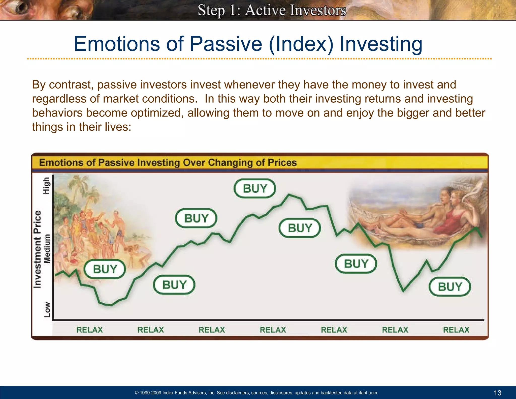 Emotions of Passive (Index) Investing By contrast, passive investors invest whenever they have the money to invest and regardless of market conditions.  In this way both their investing returns and investing behaviors become optimized, allowing them to move on and enjoy the bigger and better things in their lives:  