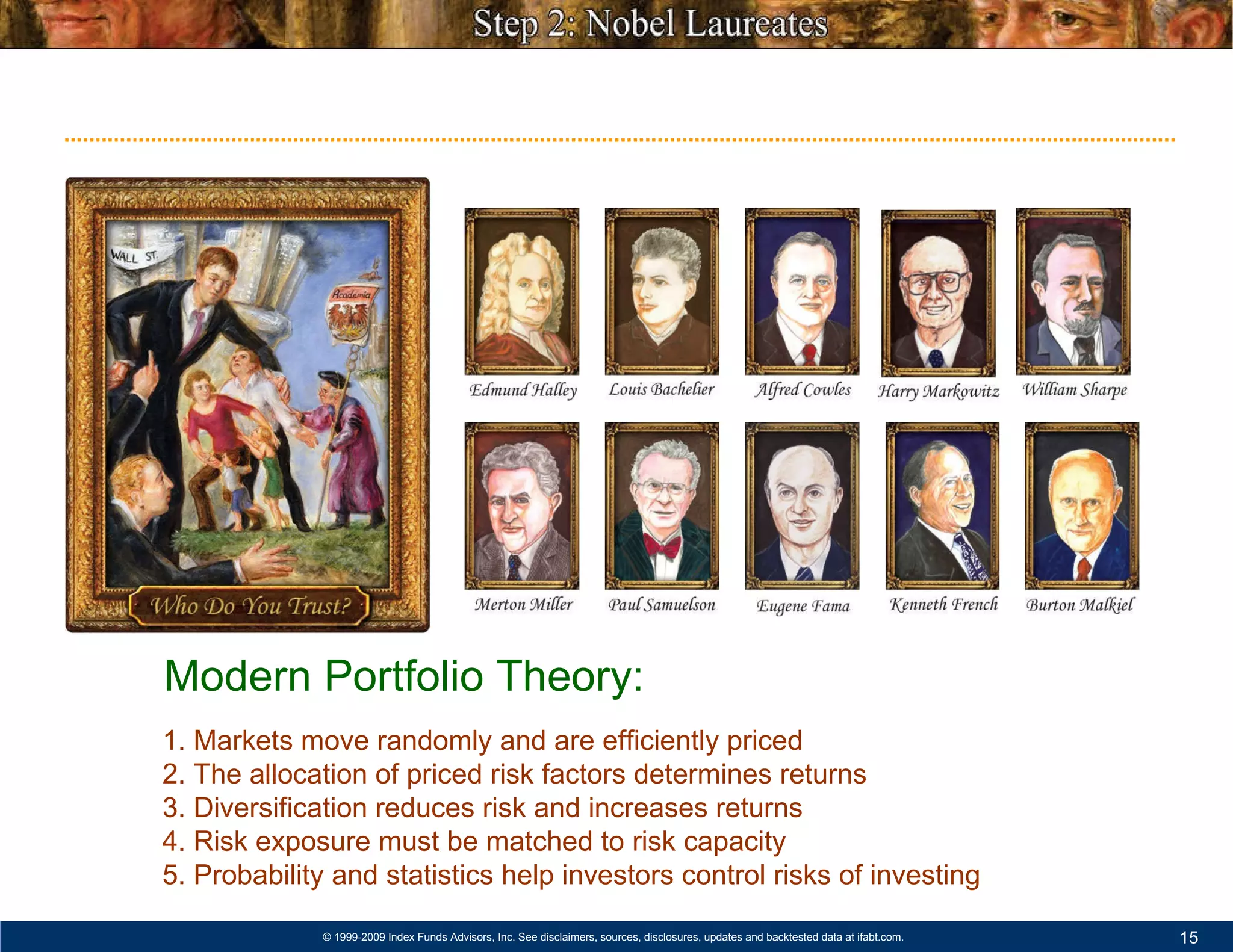 Modern Portfolio Theory:   1. Markets move randomly and are efficiently priced   2. The allocation of priced risk factors determines returns   3. Diversification reduces risk and increases returns   4. Risk exposure must be matched to risk capacity   5. Probability and statistics help investors control risks of investing 