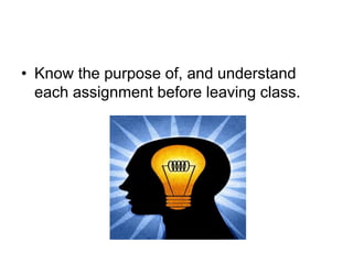 • Know the purpose of, and understand
each assignment before leaving class.
 