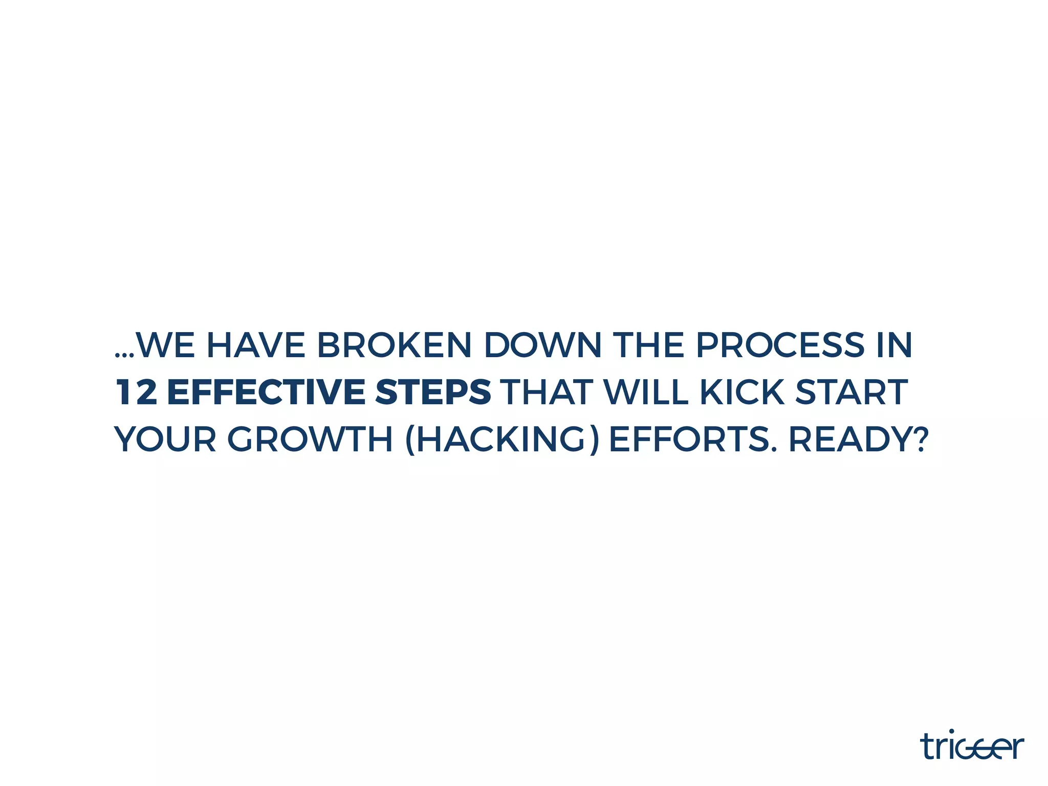 …WE HAVE BROKEN DOWN THE PROCESS IN
12 EFFECTIVE STEPS THAT WILL KICK START
YOUR GROWTH (HACKING) EFFORTS. READY?
 